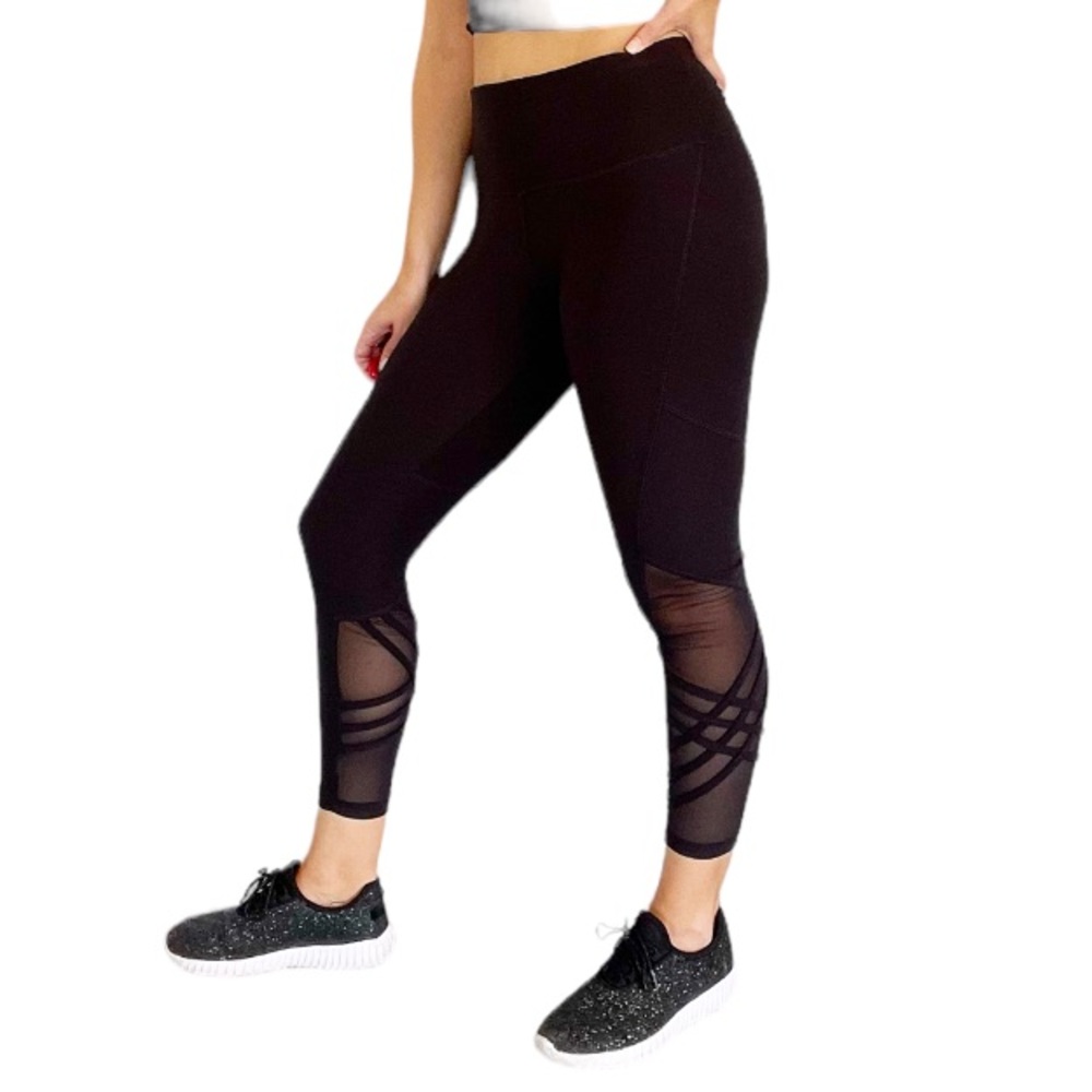 VOGO black sheer mesh cut out strappy crisscross cropped leggings size small